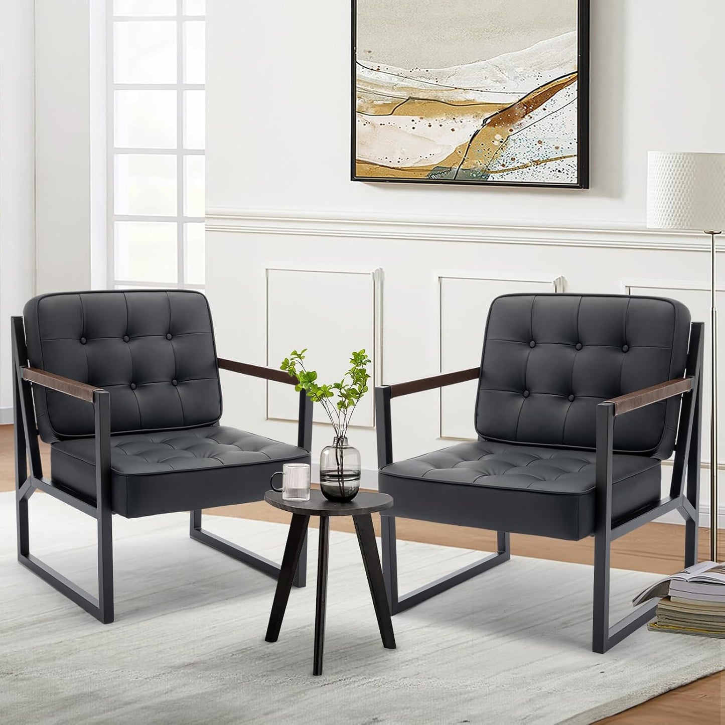COLAMY Mid Century Modern Accent Chair Set of 2, Comfy Living Room Chair, Black Leather Accent Chair, Faux Leather Reception Armchair with Metal Legs for Living Room Bedroom Reception Office, Black — Black / Set of 2 (6)