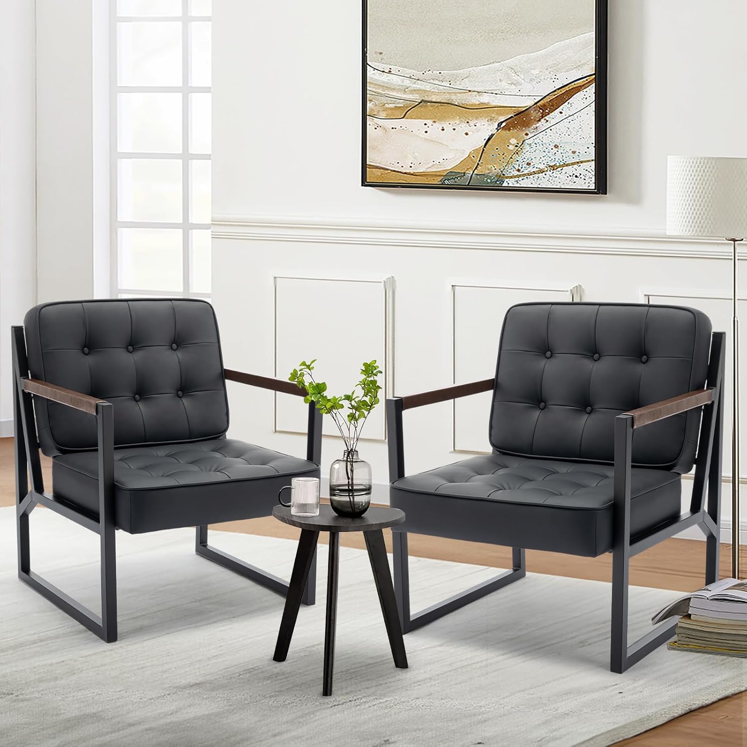 COLAMY Mid Century Modern Accent Chair Set of 2, Comfy Living Room Chair, Black Leather Accent Chair, Faux Leather Reception Armchair with Metal Legs for Living Room Bedroom Reception Office, Black — Black / Set of 2 (6)