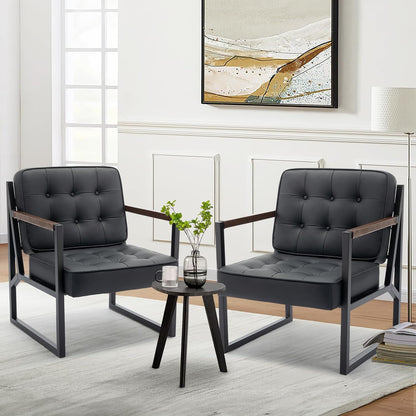 COLAMY Mid Century Modern Accent Chair Set of 2, Comfy Living Room Chair, Black Leather Accent Chair, Faux Leather Reception Armchair with Metal Legs for Living Room Bedroom Reception Office, Black — Black / Set of 2 (6)