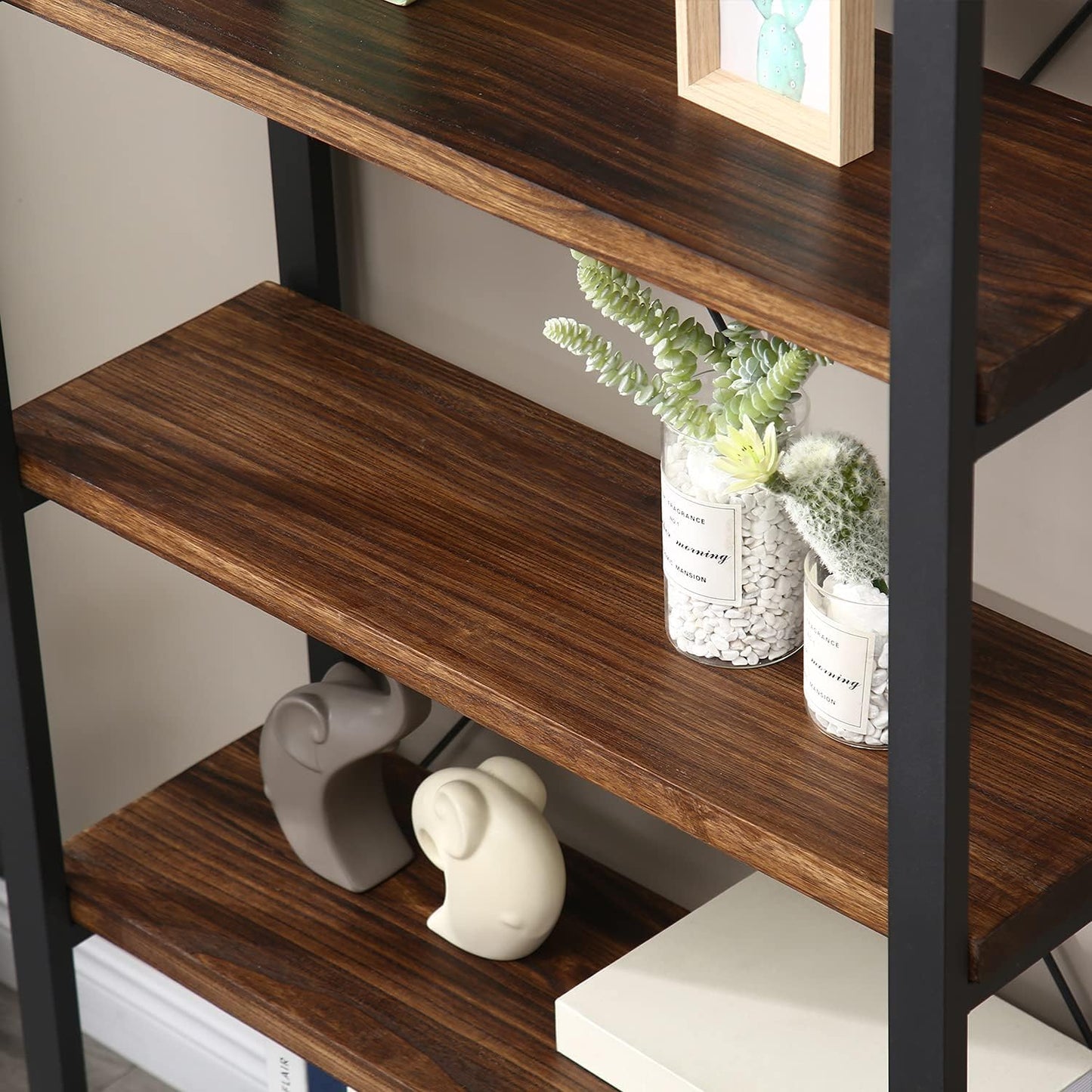 WH-AOERPUMY 5 Tier Bookcase, Solid Wood Bookshelf Rustic Vintage Industrial Etagere Bookcase, Metal and Wood Free Vintage Bookshelf, Retro Brown (5-Tiers) — 5-Tiers-Solid Wood (5)