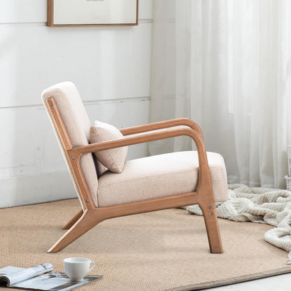 INZOY Mid Century Modern Accent Chair with Wood Frame, Upholstered Living Room Chairs with Waist Cushion, Reading Armchair for Bedroom Sunroom (Beige) — Beige / Classic (7)