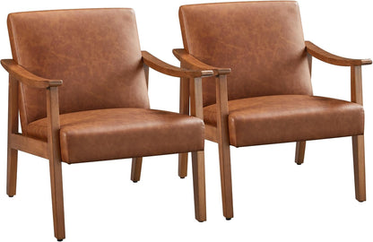 Yaheetech Faux Leather Accent Chair, Mid-Century Modern Armchair with Solid Wood Legs, Reading Leisure Chair with High Back for Living Room Bedroom Waiting Room, Set of 2, Brown — Light Brown / Faux Leather