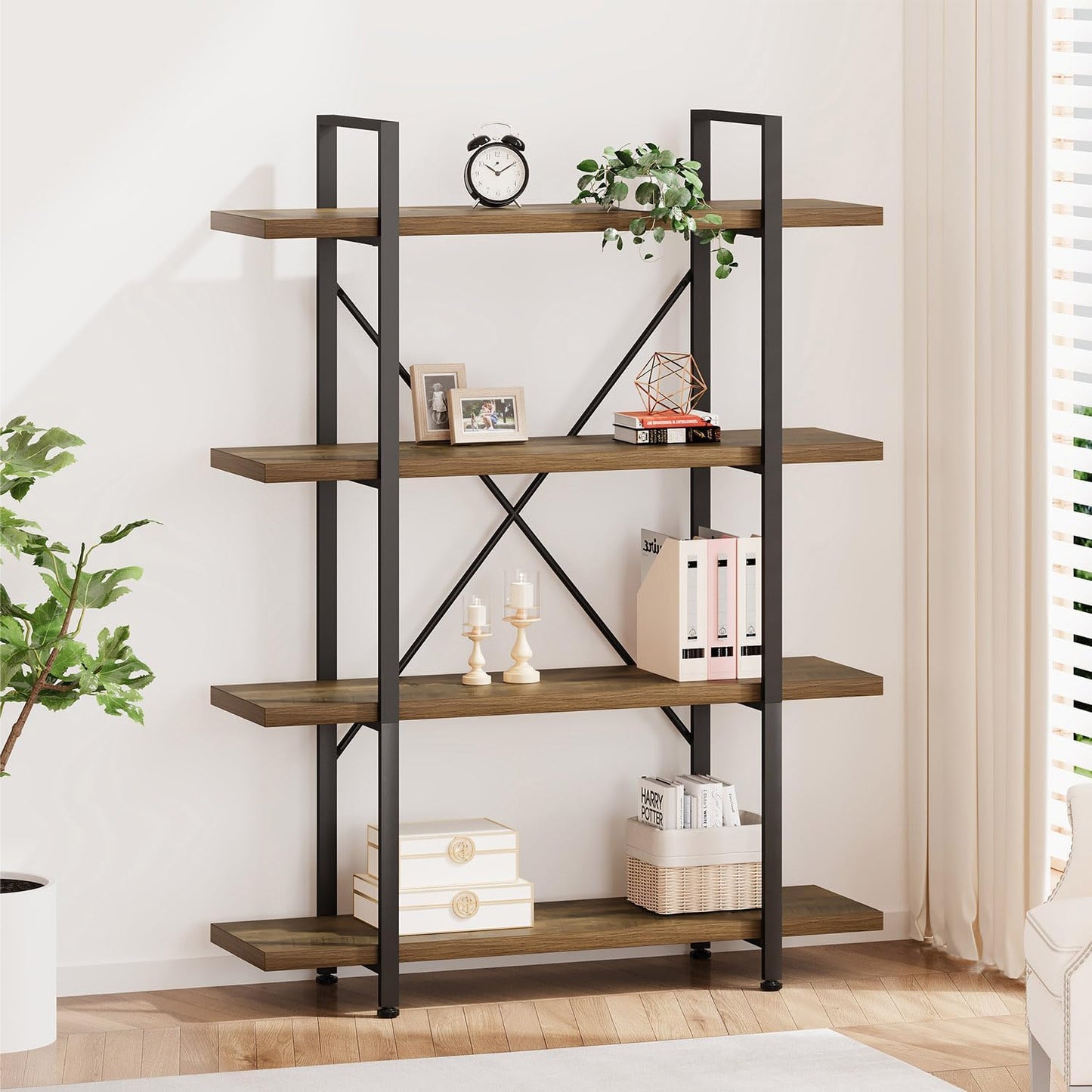 HSH White Bookshelf, 6 Tier Tall Bookcases for Bedroom Living Room Office | Industrial Modern Vertical Metal and Wood Bookcases, Farmhouse 6 Shelf Open Large Storage Book Shelves Display Book Shelf — 4-Tier / Rustic Oak
