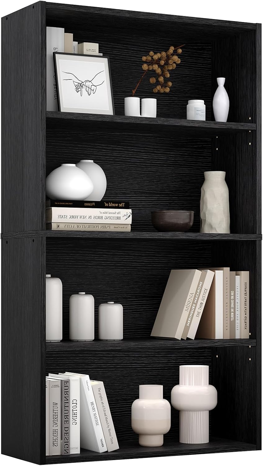 Sweetcrispy 5 Shelf Bookcase Open Display Bookshelf Storage Organizer | 53 Inches Tall Book Shelf Floor Standing Corner Unit, Living Room, Home Office, Kitchen, Bedroom, Rustic Brown Wood — Black / 4 Shelf