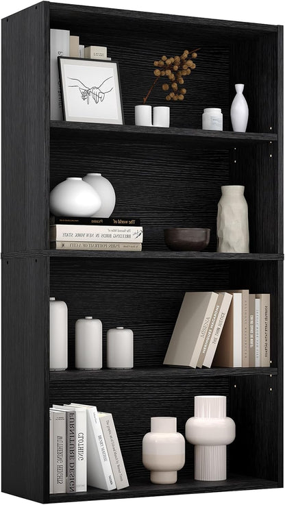 Sweetcrispy 5 Shelf Bookcase Open Display Bookshelf Storage Organizer | 53 Inches Tall Book Shelf Floor Standing Corner Unit, Living Room, Home Office, Kitchen, Bedroom, Rustic Brown Wood — Black / 4 Shelf