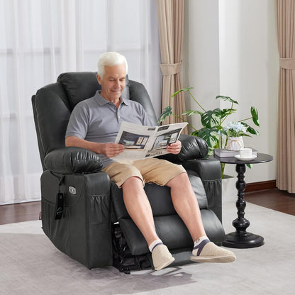 MCombo Electric Power Lift Recliner Chair Sofa with Massage and Heat for Elderly, 3 Positions, 2 Side Pockets, and Cup Holders, USB Ports, Faux Leather 7040 (Grey, Medium) — Medium / Grey (2)