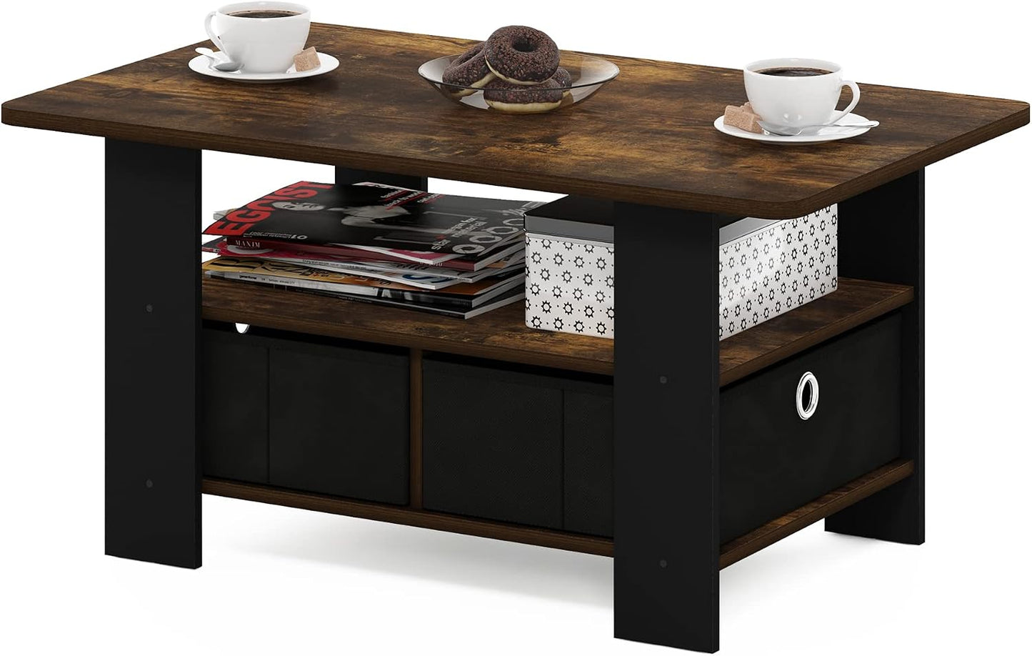 Furinno Coffee Table with Bins, Espresso/Brown
