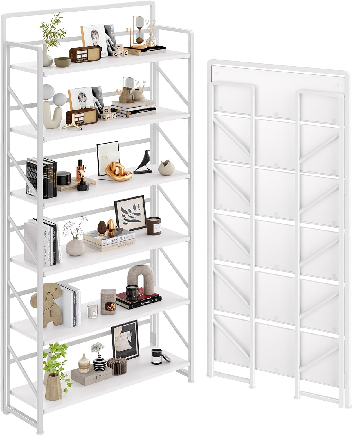 JSB No Assembly Folding Bookshelf, 4 Tier Industrial Metal Book Shelf for Storage, Vintage Wood Foldable Bookcase for Living Room, Bedroom, Office Organization Shelves — All White / Wide 6-Tier