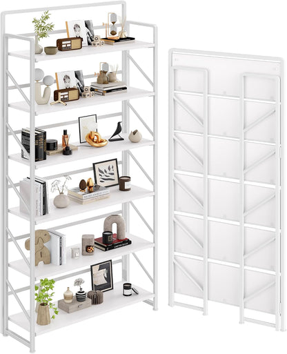 JSB No Assembly Folding Bookshelf, 4 Tier Industrial Metal Book Shelf for Storage, Vintage Wood Foldable Bookcase for Living Room, Bedroom, Office Organization Shelves — All White / Wide 6-Tier