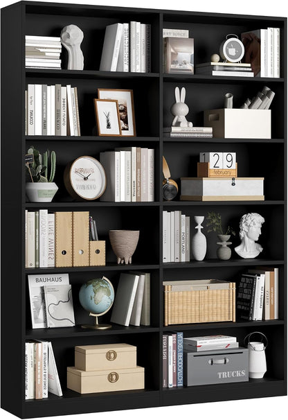 FACBOTALL Bookshelf and Bookcase, 6-Tier Double Wide Bookshelves,Freestanding Display Storage Shelves, Tall Bookcases for Home Decor Bedroom, Living Room, Home Office, Light Oak — Black