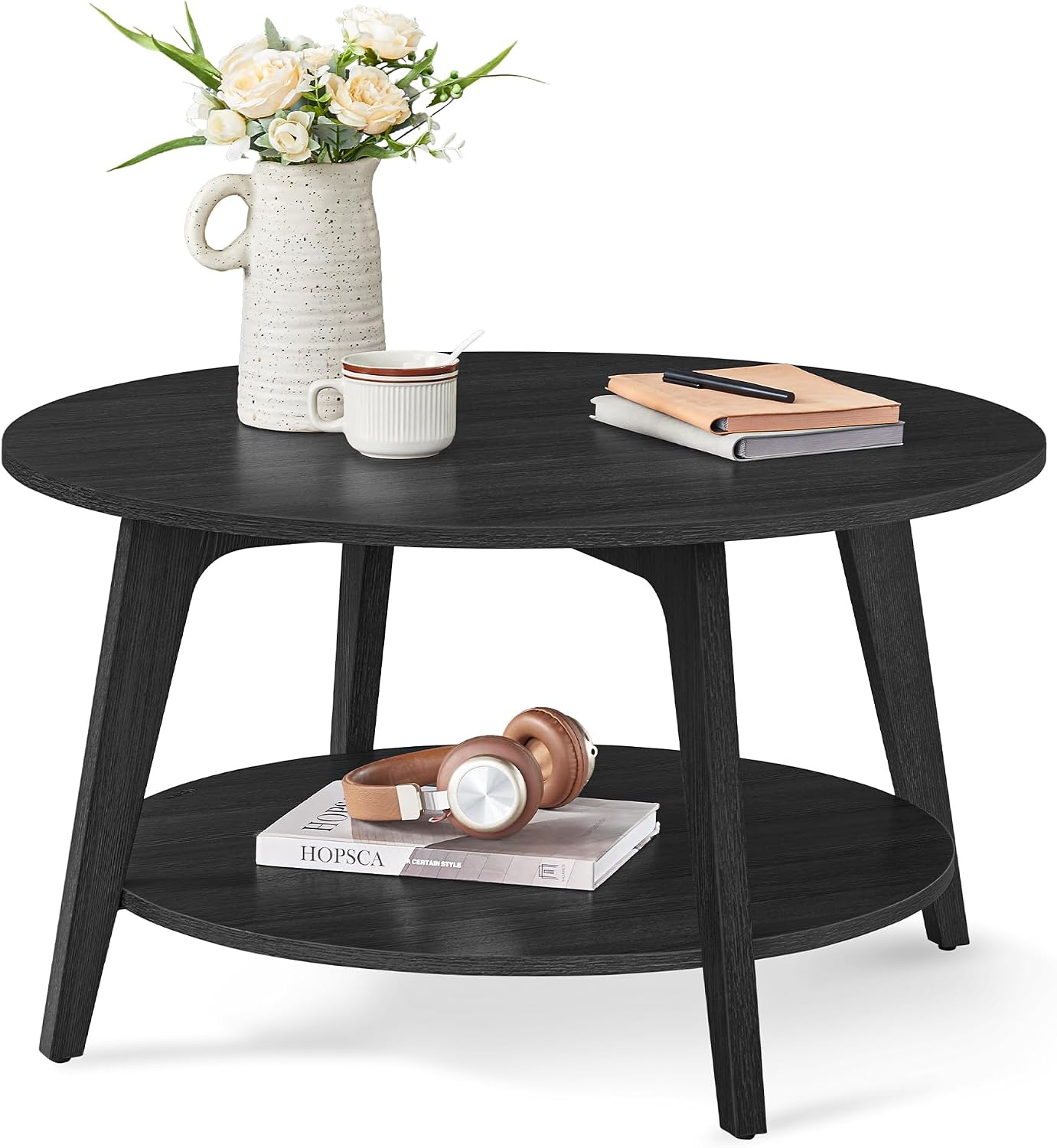 VASAGLE MAEZO Collection - Round Coffee Table, 2-Tier Center Table with Storage, Tapered Legs, Curved Transitions, 31.5 Dia. x 17.7 H Inches, Easy Assembly, for Living Room, Honey Brown ULCT243K41 — Charcoal Gray