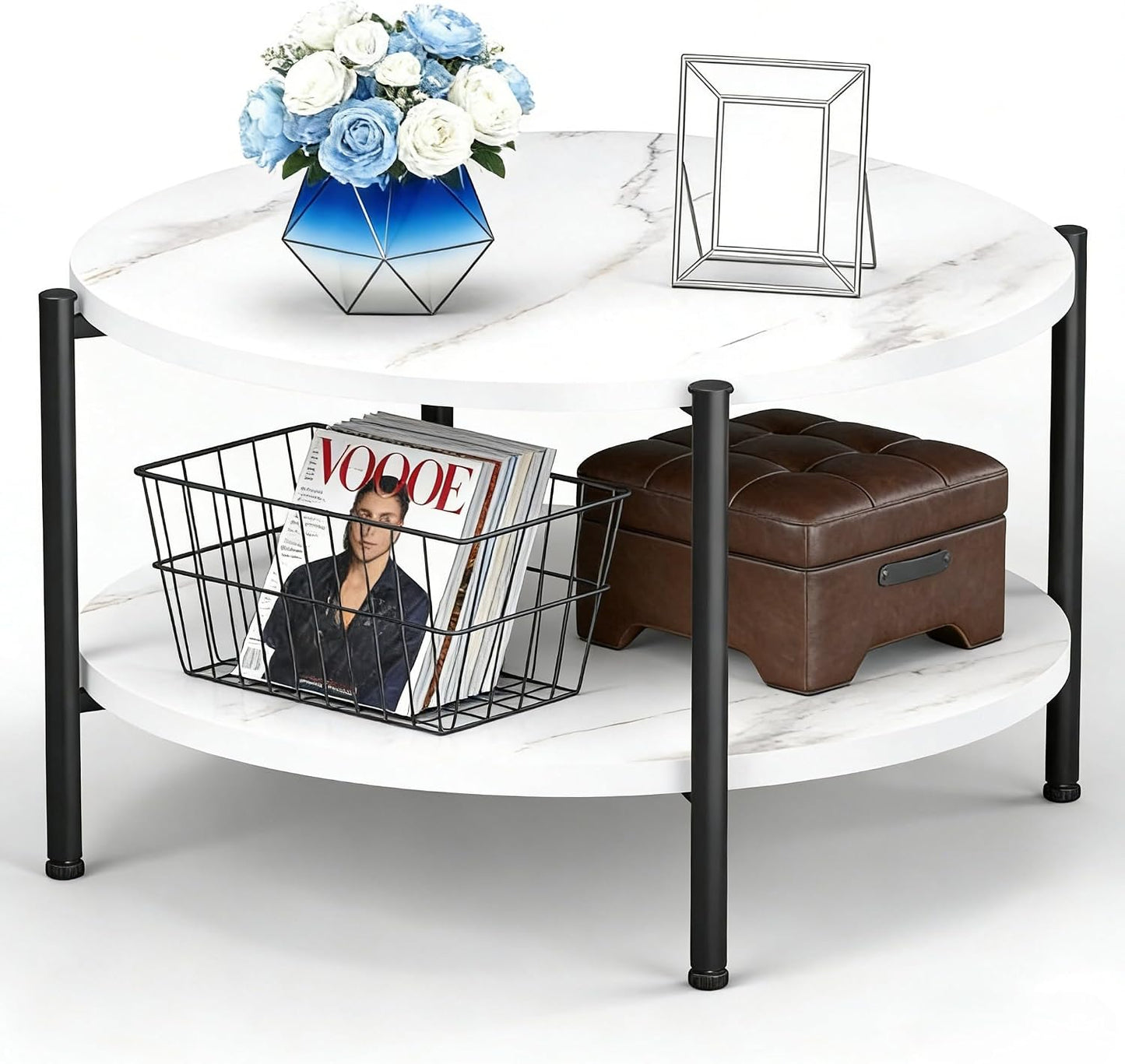 FAMIDGE Coffee Table, 23.6" Coffee Tables for Living Room, Round Coffee Table with Metal Frame, Floor Table for Sitting on The Floor, Home, Office, Black — Style3 White(27.6dx18.1h) / 2 Tier