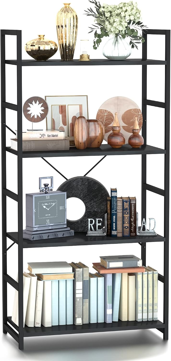 NUMENN 5 Tier Bookshelf, Tall Bookcase Shelf Storage Organizer, Modern Book Shelf for Bedroom, Living Room and Home Office, Vintage — 4 Tier / Black