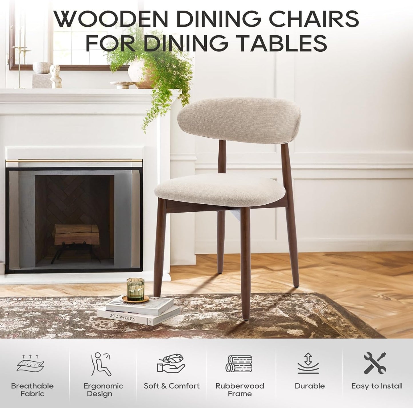 COLAMY Wooden Dining Chairs Set of 4, Modern Fabric Upholstered Kitchen Side Chairs, Farmhouse Dining Room Chair with Foot Pegs, Beige — Beige / Set of 4 (7)