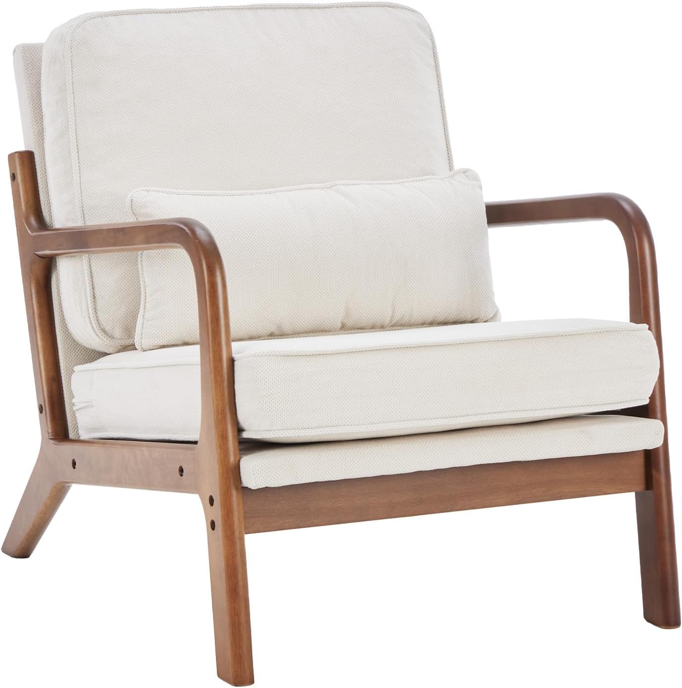 DUMOS Mid Century Modern Accent Chair, Armchair with Lumbar Pillow and Waist Cushion, Solid Wood Frame Lounge Chair for Living Room, Bedroom, Reading Nook, Small Apartment Corner, Ivory White