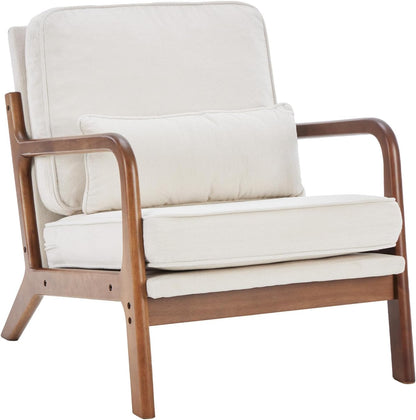 DUMOS Mid Century Modern Accent Chair, Armchair with Lumbar Pillow and Waist Cushion, Solid Wood Frame Lounge Chair for Living Room, Bedroom, Reading Nook, Small Apartment Corner, Ivory White