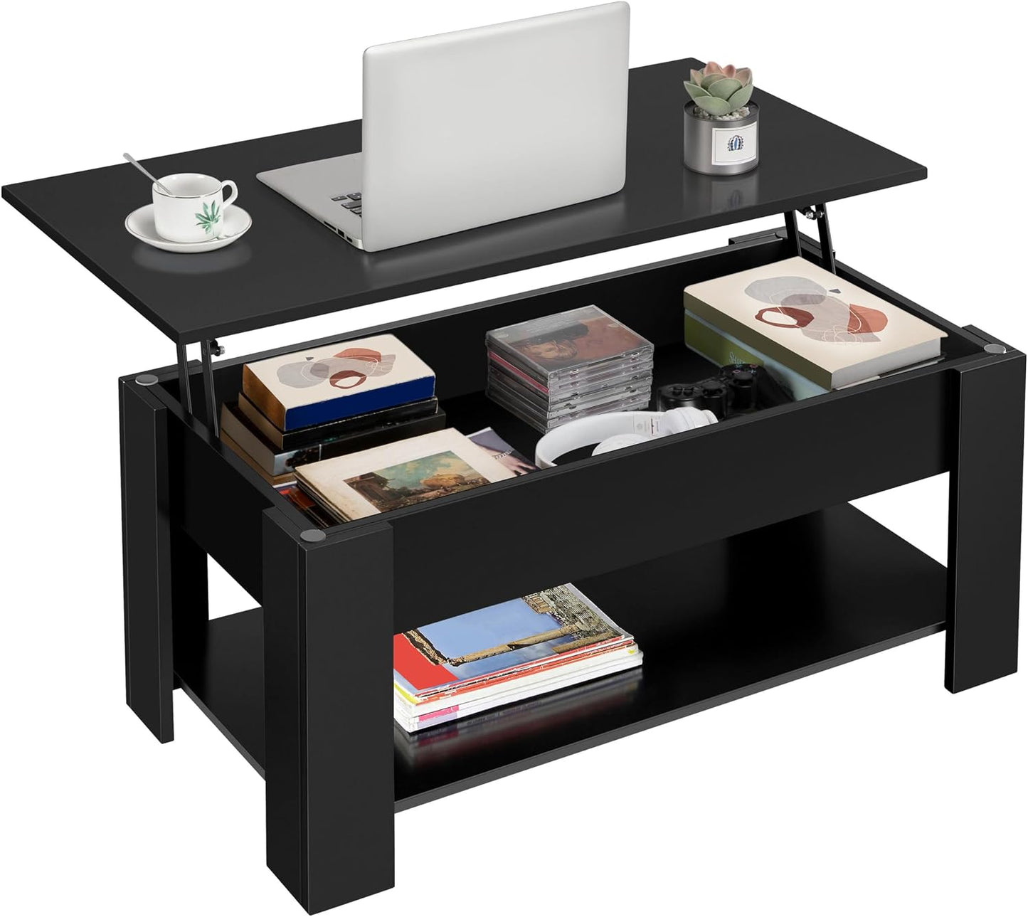 Yaheetech Wooden Coffee Table, Lift Top Coffee Table with Large Hidden Storage Shelf, Lift Tabletop Dining Tables for Living Room, Home Small Space, 38.6in, Black — Black / 38.6 inches