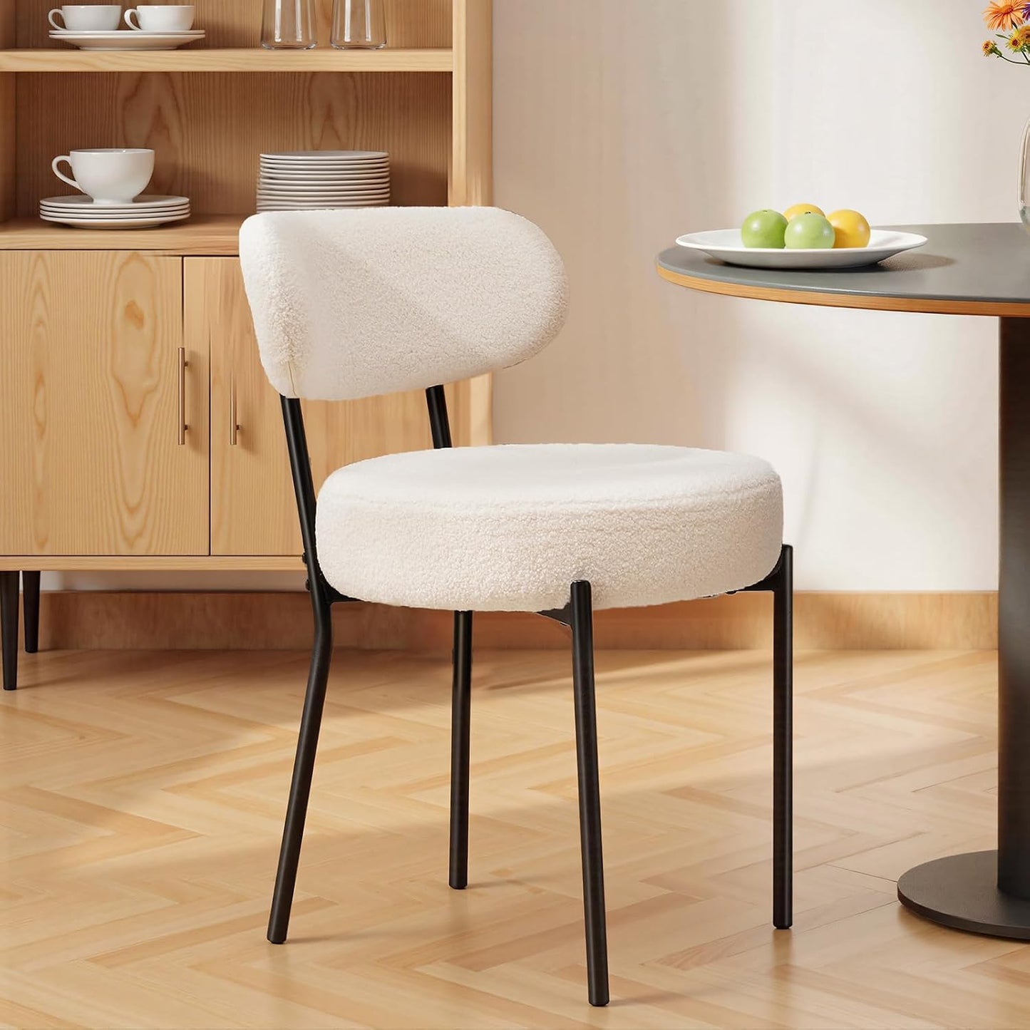 DUMOS Dining Chairs Set of 2, Mid Century Modern Chair Round Upholstered Curved Backrest, Kitchen Vanity Living Room Chairs with Black Metal Legs，Ivory White — Ivory White / Set of 2 (7)