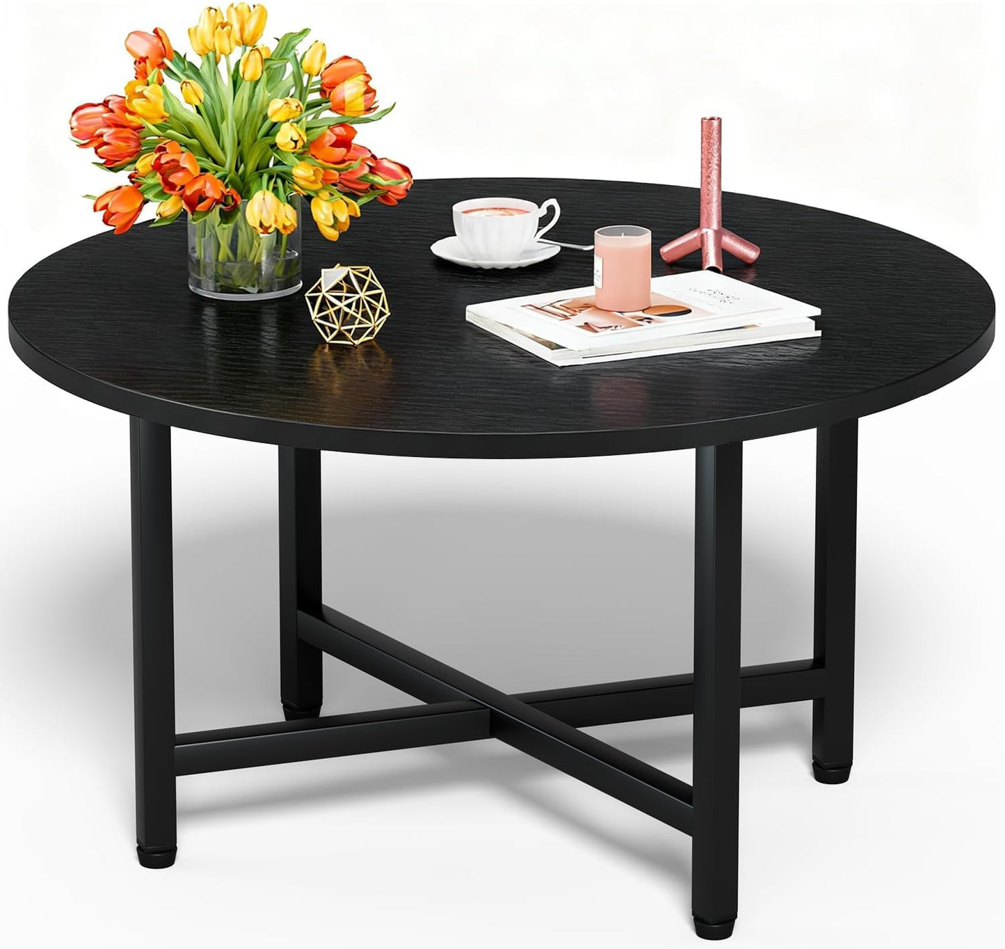 FAMIDGE Coffee Table, 23.6" Coffee Tables for Living Room, Round Coffee Table with Metal Frame, Floor Table for Sitting on The Floor, Home, Office, Black — Black(23.6dx17.7h) / 1 Tier