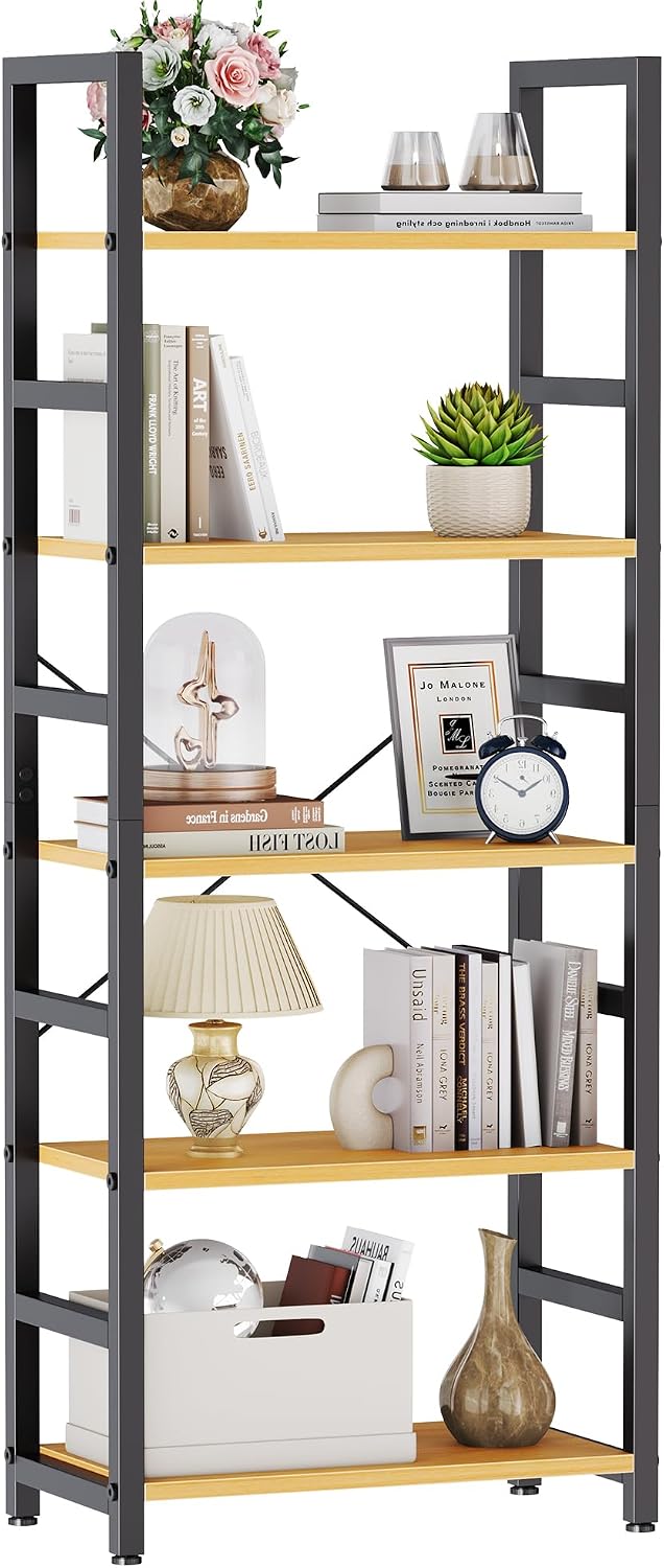 DUMOS 5 Tiers Open Bookshelf, Classic Freestanding Tall Display Shelf | Multifunctional Storage Organizer Rack for Living Room Home Office, Sturdy Bookcase for CDs/Books/Movies, Modern Black — Natural Wood / 5 Tier