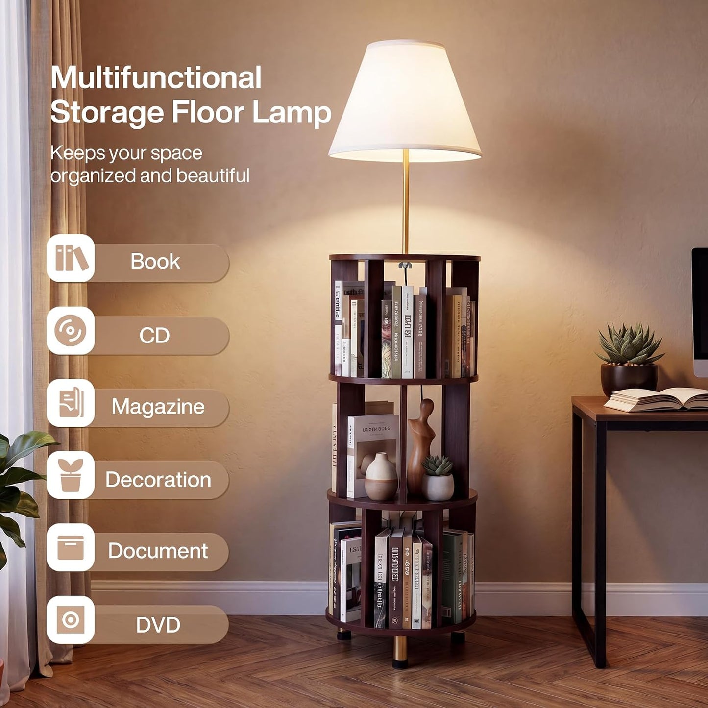 Tribesigns 62.2'' Wood Bookcase with Light, 4 Tier Bookshelf Floor Lamp | Modern Freestanding Storage Shelf with Linen Fabric Shade, Corner Bookcase with Reading Light for Living Room, Bedroom