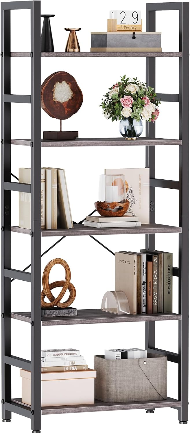 DUMOS 5-Tier Bookshelf, Modern Tall Bookcase Book Shelf | Open Storage Display Shelf for Living Room, Bedroom, Home Office, Narrow Standing Shelving Unit for Books, CDs, Décor Black — Grey Wood / 5 Tier