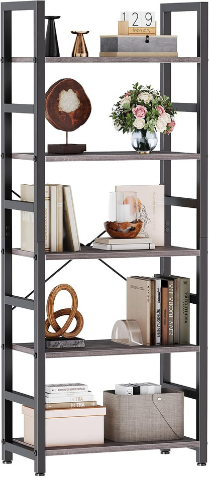 DUMOS 5-Tier Bookshelf, Modern Tall Bookcase Book Shelf | Open Storage Display Shelf for Living Room, Bedroom, Home Office, Narrow Standing Shelving Unit for Books, CDs, Décor Black — Grey Wood / 5 Tier