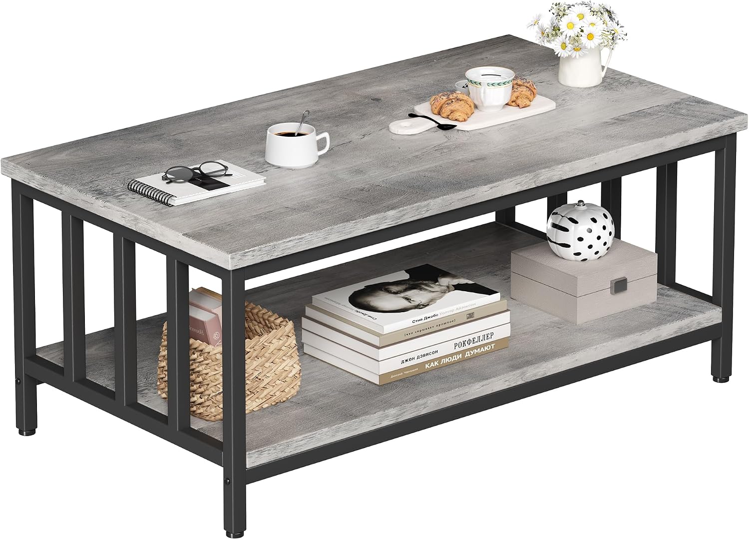 Homeiju Coffee Table for Living Room with Slatted Sides Frame, Modern Farmhouse Living Room Table with 2-Tier Storage Shelf for Home Office, Apartment, Grey Wash, 39 inch — 39.4L*21.6W*18.1H / Grey Wash