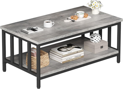 Homeiju Coffee Table for Living Room with Slatted Sides Frame, Modern Farmhouse Living Room Table with 2-Tier Storage Shelf for Home Office, Apartment, Grey Wash, 39 inch — 39.4L*21.6W*18.1H / Grey Wash