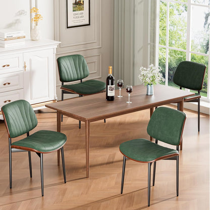 Dining Chairs Set of 4, Mid-Century Modern Upholstered PU Leather Chairs | with Walnut Bentwood Back and Metal Legs Adjustable Feet for Kitchen Dining Room, Black Shell Strips — Dark Green Shell Strips / 4