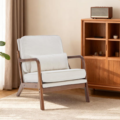 DUMOS Mid Century Modern Accent Chair, Armchair with Lumbar Pillow and Waist Cushion, Solid Wood Frame Lounge Chair for Living Room, Bedroom, Reading Nook, Small Apartment Corner, Ivory White — Ivory White / 1 Pack