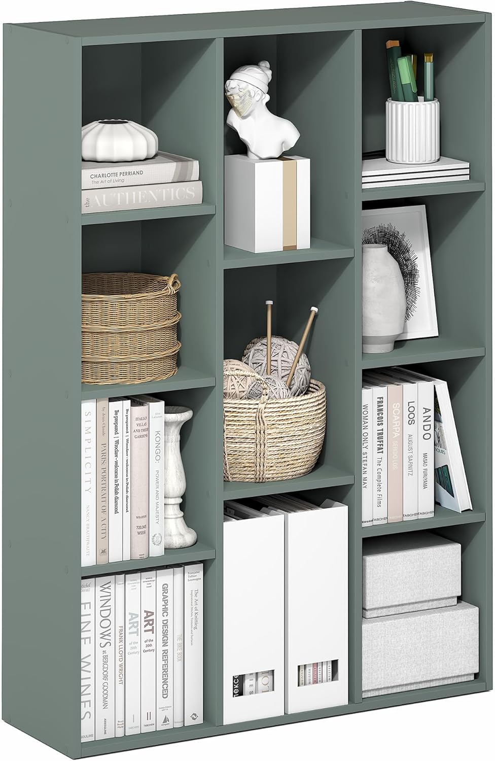 Furinno LUDER Book Shelf, 5-Cube Bookshelf, Reversible Bookcase, 9.4 x 19.5 x 31.5, Easy Assembly, for Living Room, Bedroom, Home Office, White — Sage Green / 11-Cube