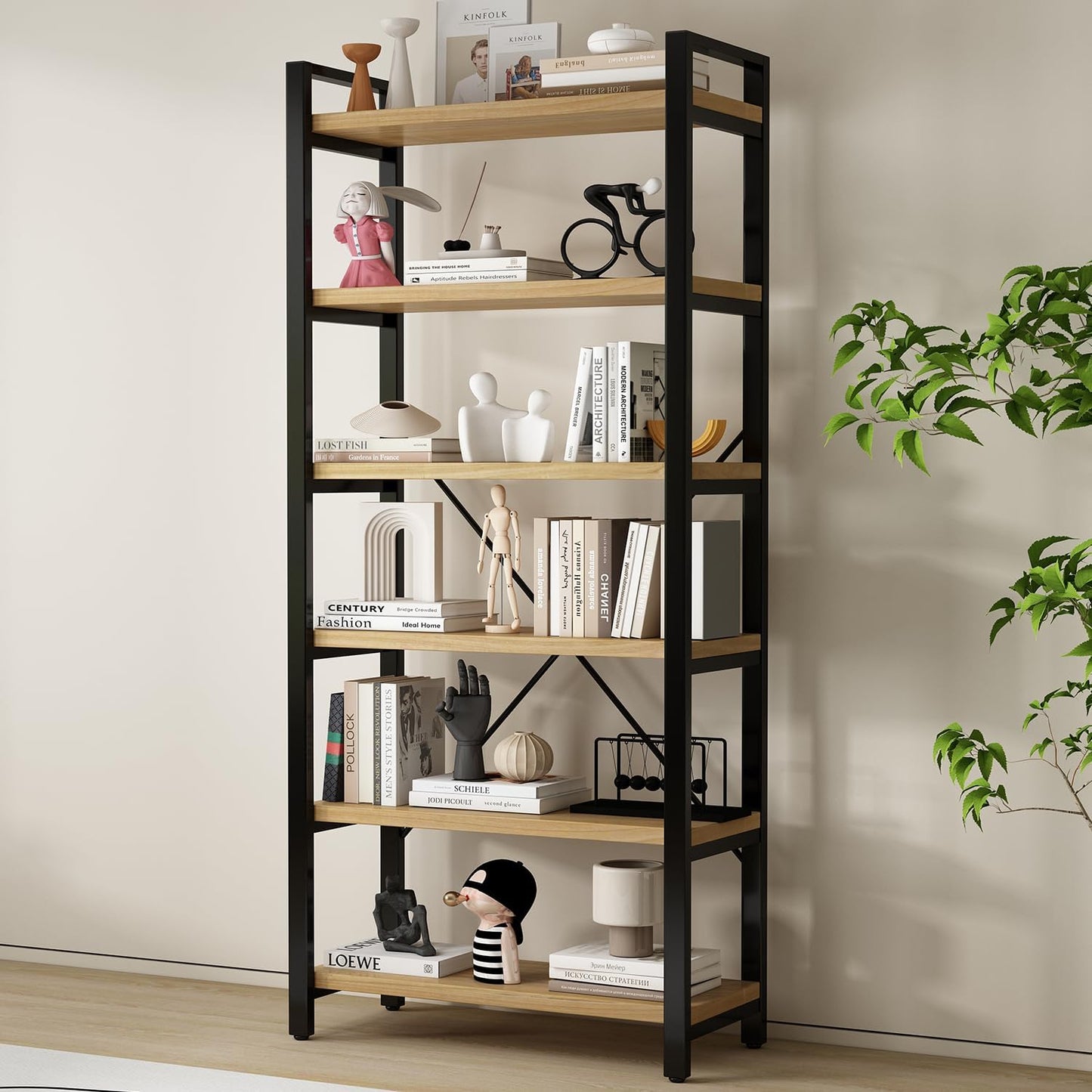WH-AOERPUMY 5 Tier Bookcase, Solid Wood Bookshelf Rustic Vintage Industrial Etagere Bookcase, Metal and Wood Free Vintage Bookshelf, Retro Brown (5-Tiers) — 6-Tiers-Natural finish