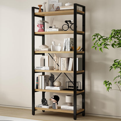 WH-AOERPUMY 5 Tier Bookcase, Solid Wood Bookshelf Rustic Vintage Industrial Etagere Bookcase, Metal and Wood Free Vintage Bookshelf, Retro Brown (5-Tiers) — 6-Tiers-Natural finish