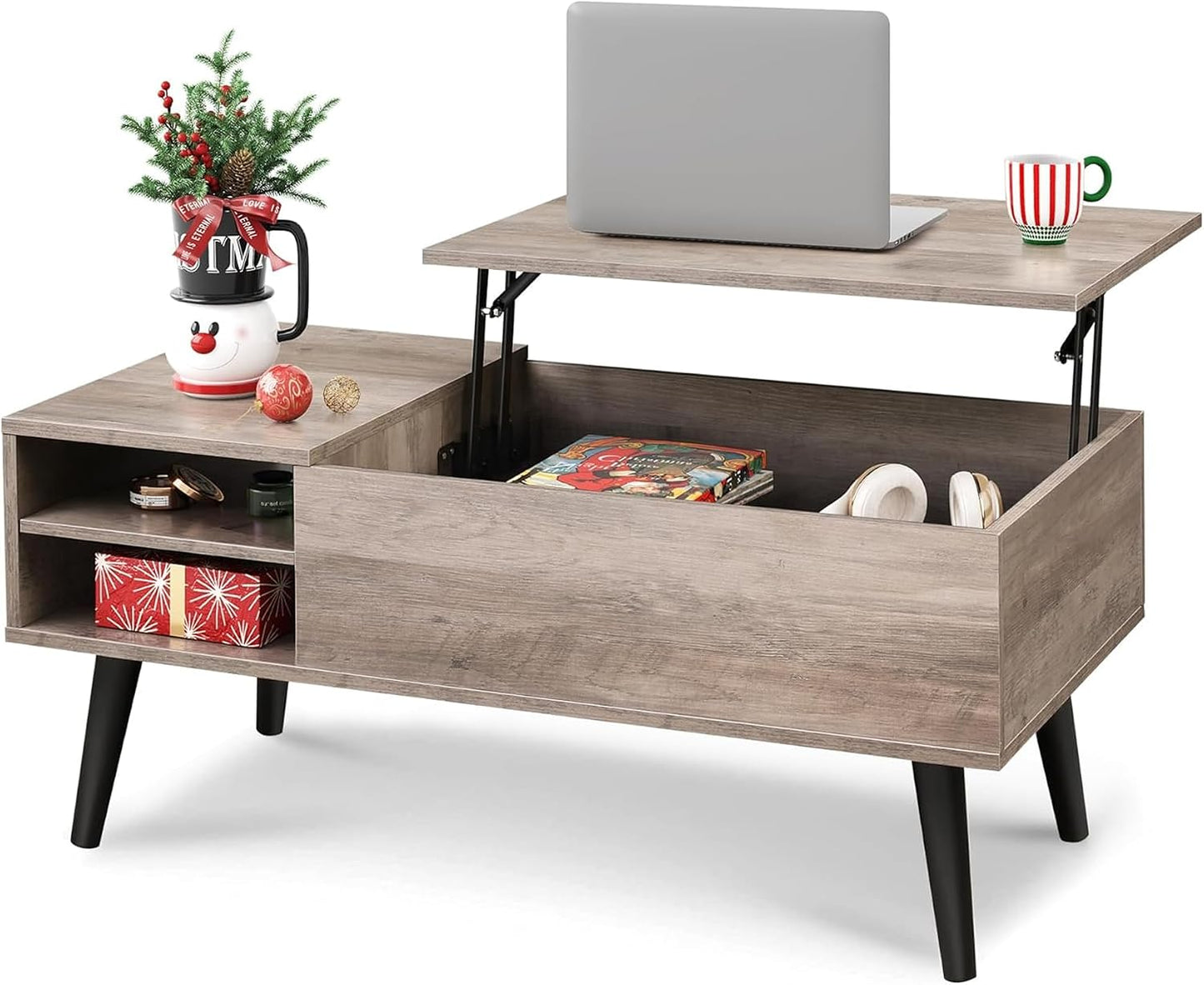 WLIVE Coffee Table with Lifting Top, Hidden Storage & Adjustable Shelf for Living Room Small Space, Multifunctional Rising Wooden Center Table, Mid Century Modern Tables for Home Dining Office, Brown — Greige / 39.4"W x 19.7"D x 16.9"H