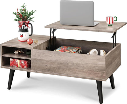 WLIVE Coffee Table with Lifting Top, Hidden Storage & Adjustable Shelf for Living Room Small Space, Multifunctional Rising Wooden Center Table, Mid Century Modern Tables for Home Dining Office, Brown — Greige / 39.4"W x 19.7"D x 16.9"H