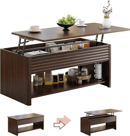 Fluted Lift Top Coffee Table with Hidden & Open Storage, Rectangle Modern Coffee Table for Living Room, Smooth Hydraulic Lift, Large Capacity, Safe Round Corners, Easy to Clean, Vertical Grain-Brown — Horizontal Grain-brown