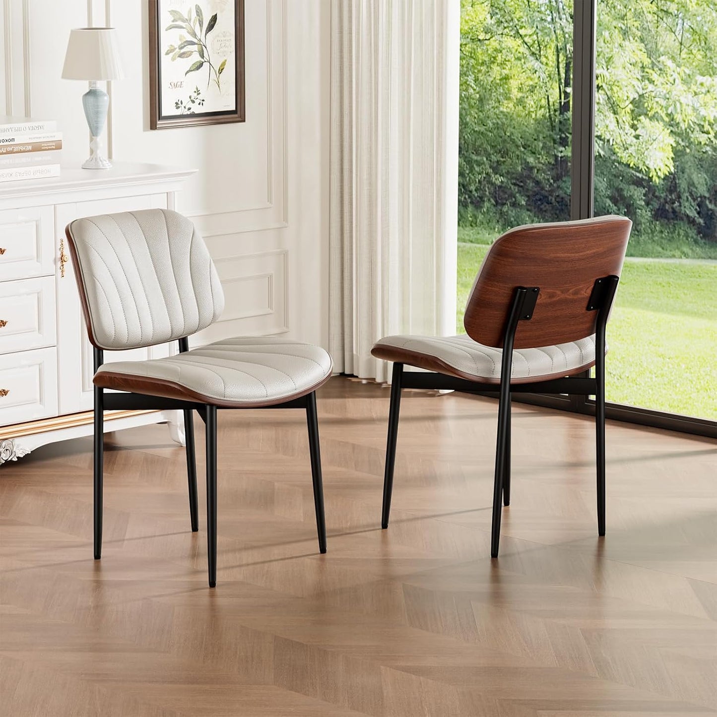 Dining Chairs Set of 4, Mid-Century Modern Upholstered PU Leather Chairs | with Walnut Bentwood Back and Metal Legs Adjustable Feet for Kitchen Dining Room, Black Shell Strips — Off-white Shell Strips / 2