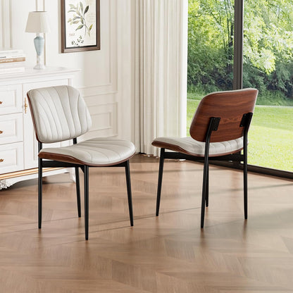 Dining Chairs Set of 4, Mid-Century Modern Upholstered PU Leather Chairs | with Walnut Bentwood Back and Metal Legs Adjustable Feet for Kitchen Dining Room, Camel Shell Strips — Off-white Shell Strips / 2