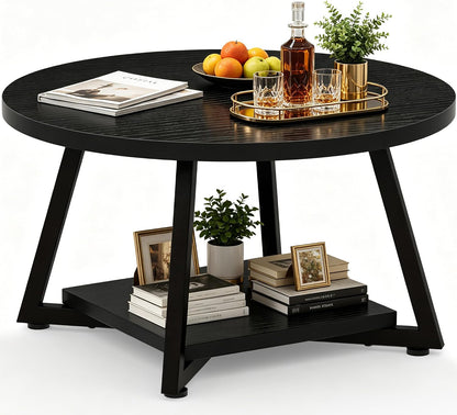 FAMIDGE Coffee Table, 23.6" Coffee Tables for Living Room, Round Coffee Table with Metal Frame, Floor Table for Sitting on The Floor, Home, Office, Black — Black(27.6dx17.7h) / 2 Tier