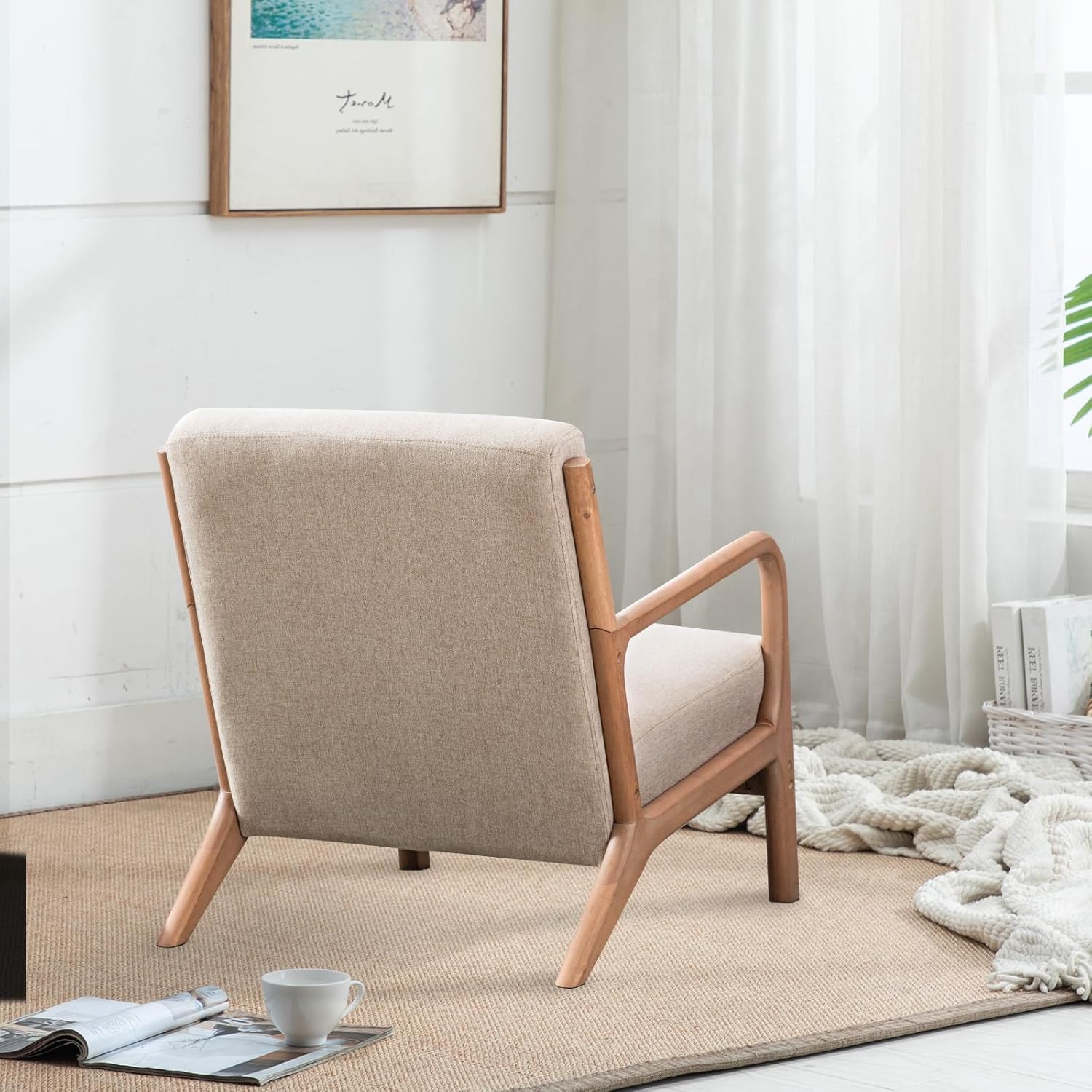 INZOY Mid Century Modern Accent Chair with Wood Frame, Upholstered Living Room Chairs with Waist Cushion, Reading Armchair for Bedroom Sunroom (Beige) — Beige / Classic (6)