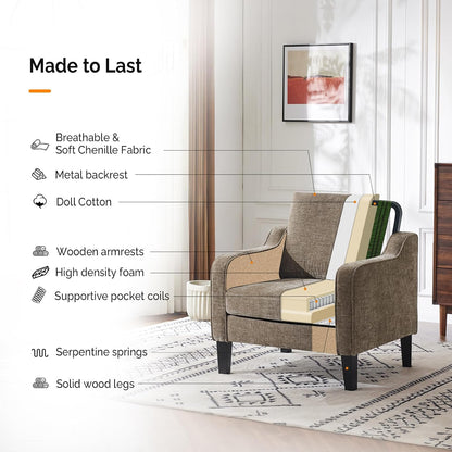 VINGLI Accent Chair for Living Room Chairs Light Brown Reading Chair for Bedroom Scooped Arm Chair Mid Century Modern Accent Chairs Upholstered Comfy Chair for Apartment, Waiting Room — 1 / Light Brown Chenille (6)