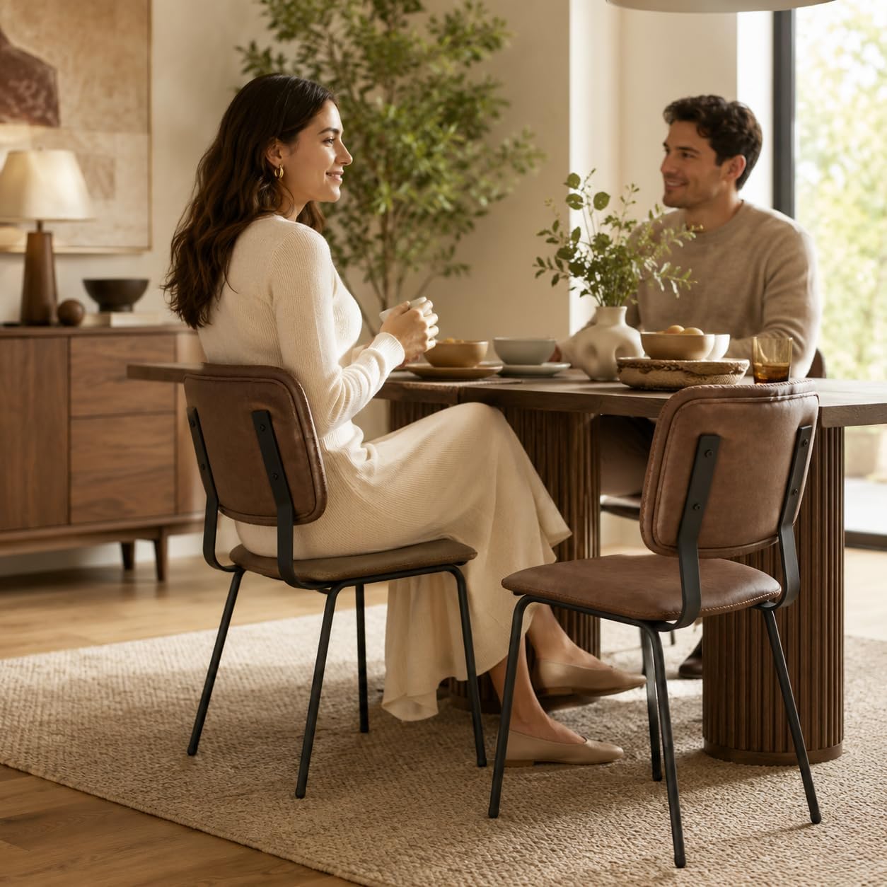 Brown Dining Chairs Set of 2, Faux Leather Upholstered Kitchen & Dining Room Chairs with Back, Modern Armless Side Chairs with Black Metal Legs for Dining Room, Kitchen, Vanity, Guest Room