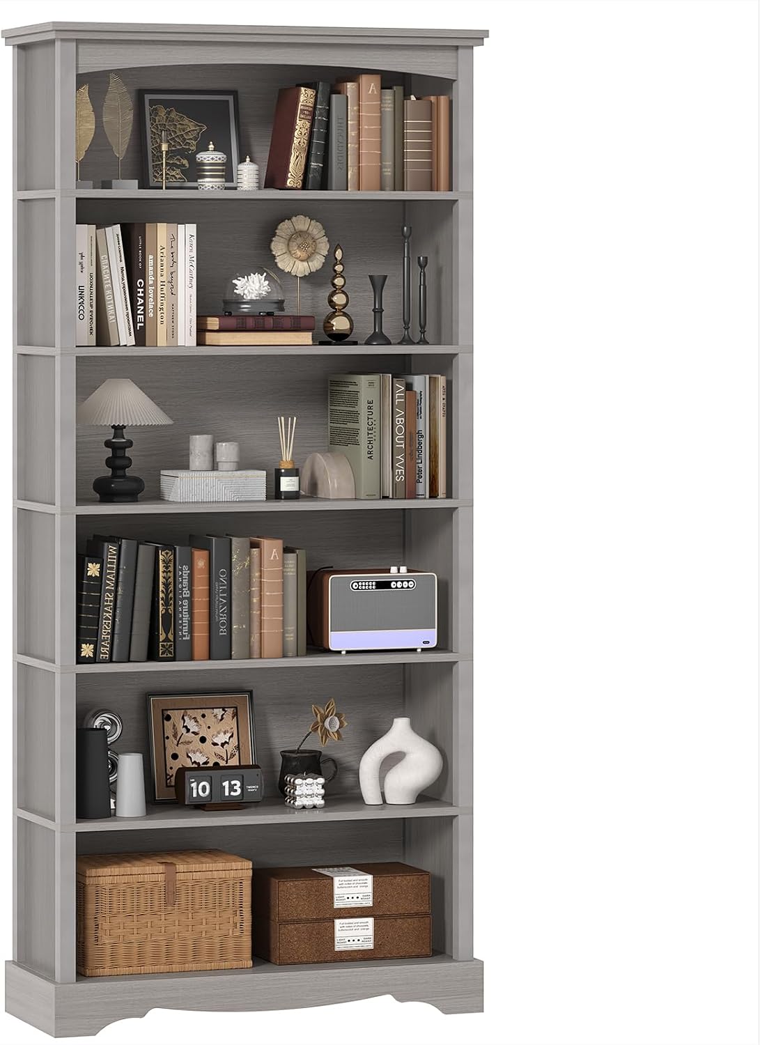 TVU 5-Tier Wooden Bookshelf, 31.5" W x 65" H ×9.9" D Bookshelf with Storage, Floor Standing Modern Style Display Bookcase for Living Room, Office, Study Room, Entryway, Brown — Grey / 6 Tier