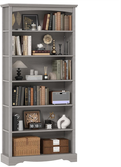 TVU 5-Tier Wooden Bookshelf, 31.5" W x 65" H ×9.9" D Bookshelf with Storage, Floor Standing Modern Style Display Bookcase for Living Room, Office, Study Room, Entryway, Brown — Grey / 6 Tier