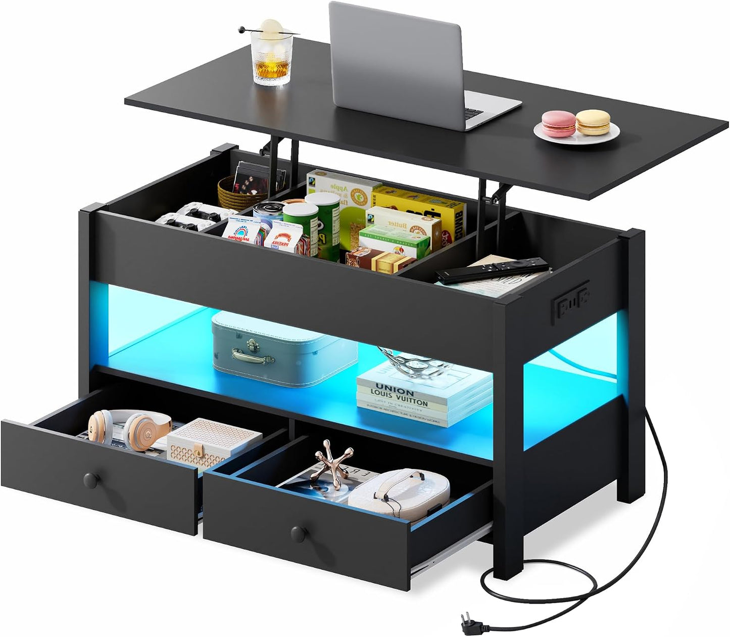 WLIVE Coffee Table with Lifting Top, Hidden Storage & Adjustable Shelf for Living Room Small Space, Multifunctional Rising Wooden Center Table, Mid Century Modern Tables for Home Dining Office, Brown — Black / 39.4" With Drawers