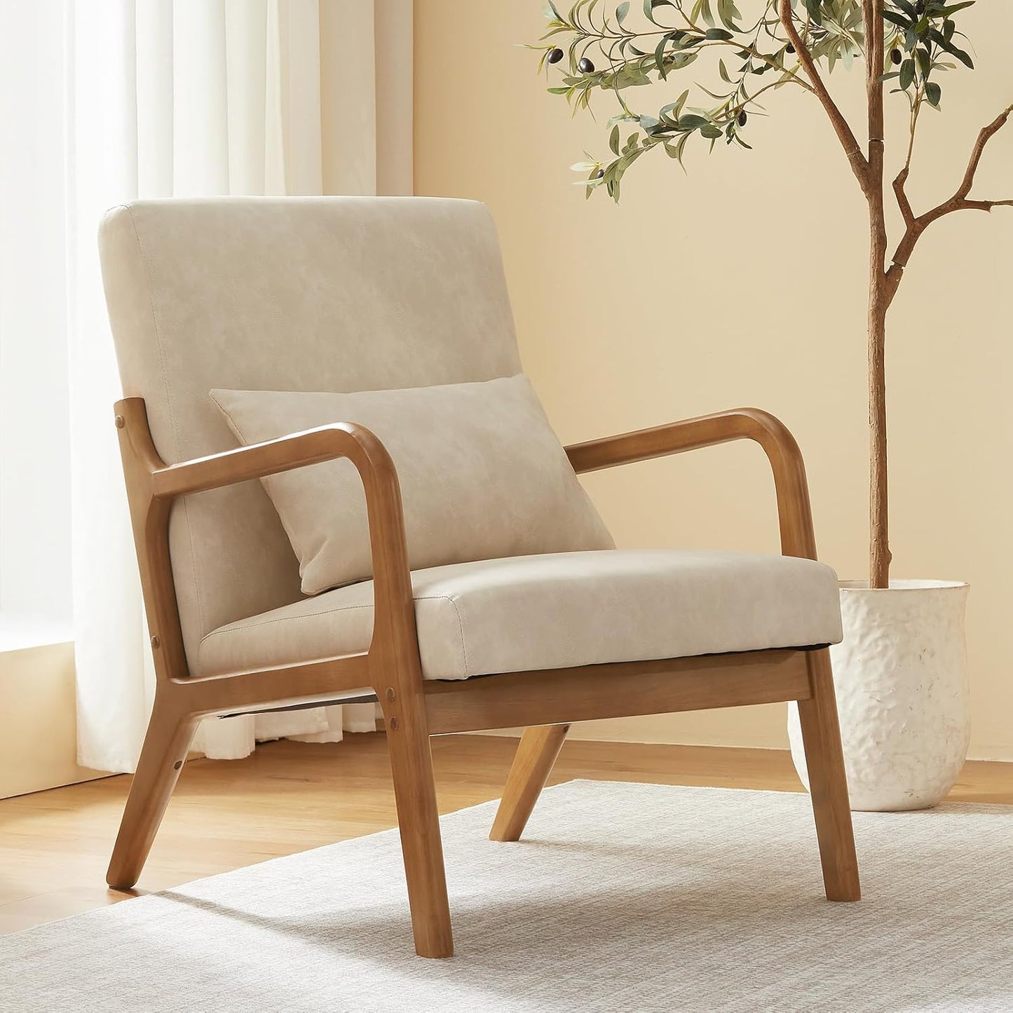 Achicsofar Accent Chair Mid Century Modern Armchair with Lumbar Support Pillow Wood Legs PU Leather Upholstered Lounge Chairs Comfy High Back Cushion for Living Room Bedroom — Beige White / Large Size