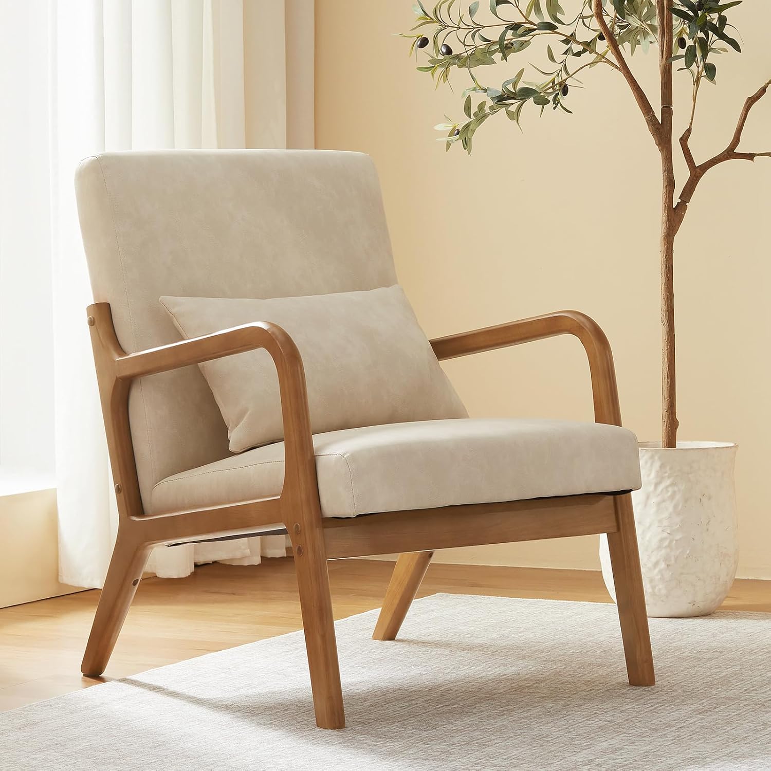 Achicsofar Accent Chair Mid Century Modern Armchair with Lumbar Support Pillow Wood Legs PU Leather Upholstered Lounge Chairs Comfy High Back Cushion for Living Room Bedroom — Beige White / Large Size