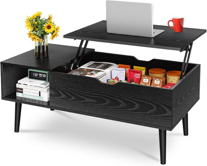 OLIXIS Wood Lift Top Coffee Table with Hidden Compartment and Large Storage Shelf, Lift Tabletop Dining Center Table for Home Living Room Office, Black — Black / 39.4 In