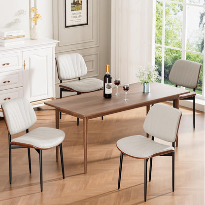 Dining Chairs Set of 4, Mid-Century Modern Upholstered PU Leather Chairs | with Walnut Bentwood Back and Metal Legs Adjustable Feet for Kitchen Dining Room, Black Shell Strips — Off-white Shell Strips / 4
